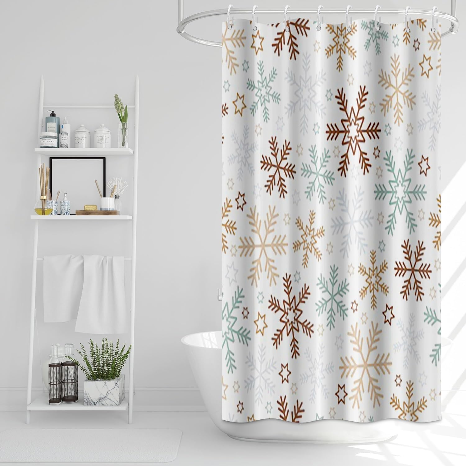 Christmas Shower Curtain for Bathroom 72x84inches X-mas New Year Decor Shower Curtain Set with Hooks Snow Flowers White Waterproof Fabric Shower Curtain
