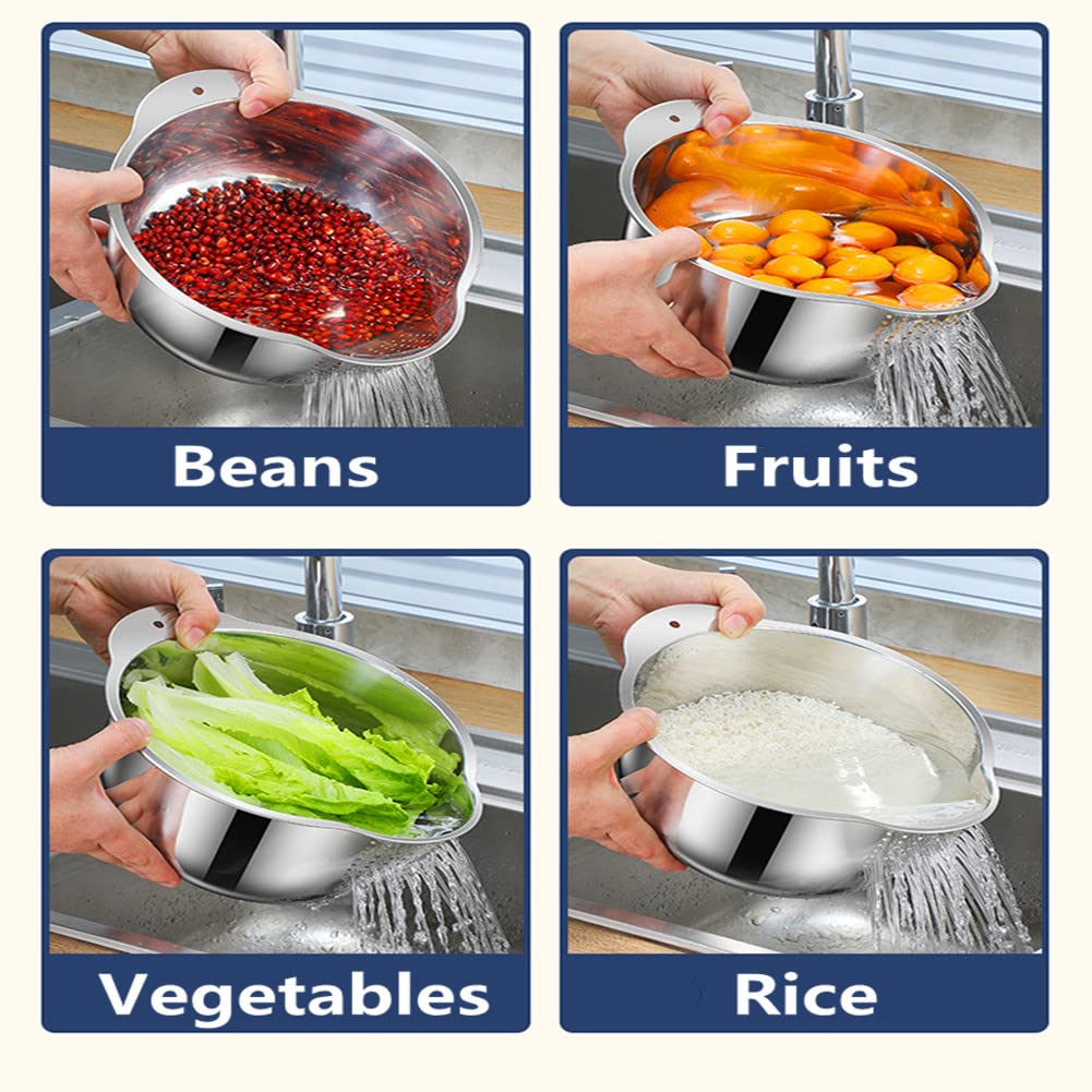 Lavvi - Cuenco de acero inoxidable para lavar arroz, versátil 3 en 1, colador para cocina, verduras, frutas, plata, 9.84 pulgadas 6