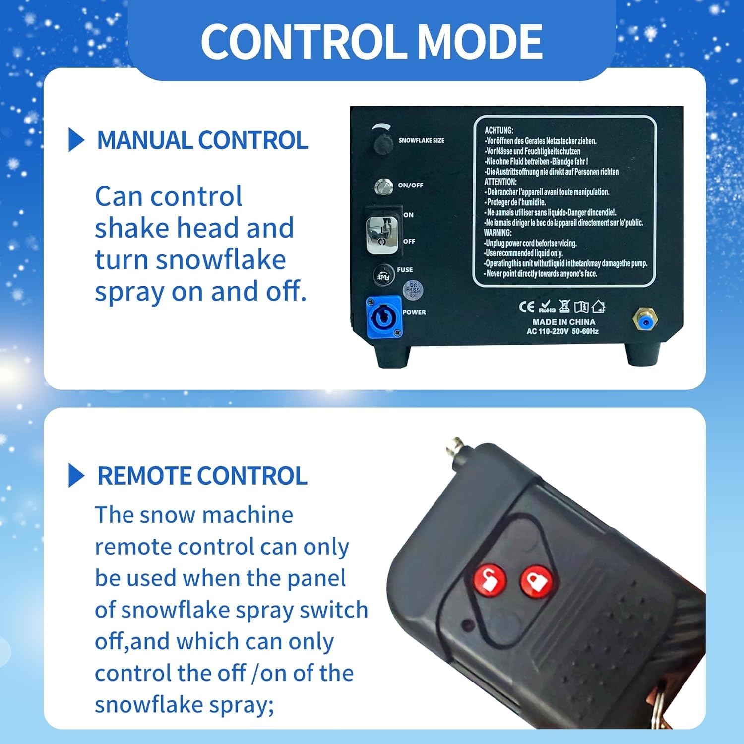 Generatore di neve artificiale per eventi e decorazioni, generatore di neve artificiale da 2000 W di livello commerciale, dotato di telecomando manuale e wireless.