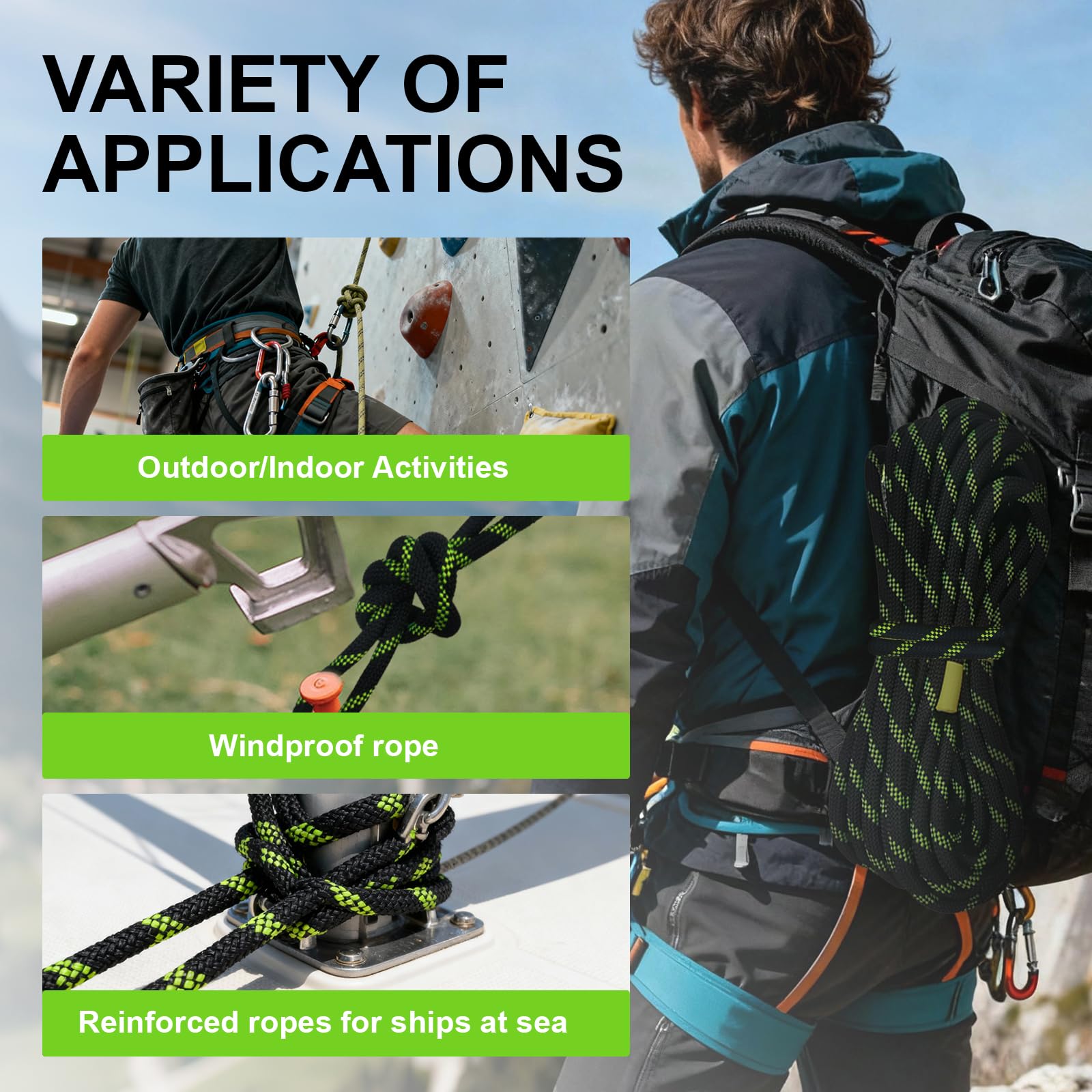 40m Cuerda Estatica de Escalada 10mm para Montanismo, UIAA | Nylon de alta resistencia, resistente a la abrasión y UV,Negro fluorescente, para rescate y actividades al aire libre.