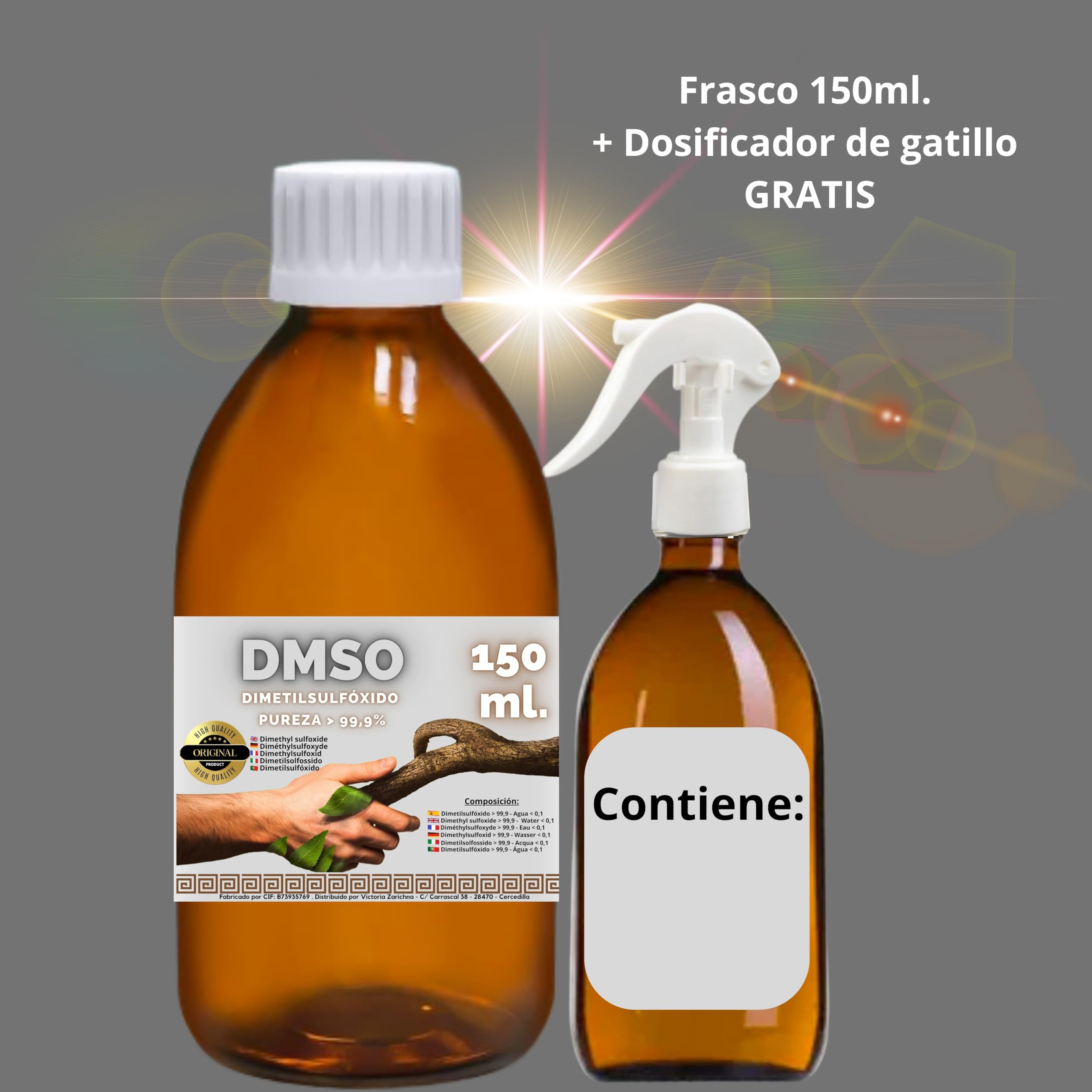 DMSO 150 ml. 99,9% Pureza Con Gotero | Dimetilsulfóxido Calidad Ph Eur | Regalo Frasco125ml + Difusor + Vasito Dosificador | Frascos Ámbar de Laboratorio | Precinto de Seguridad