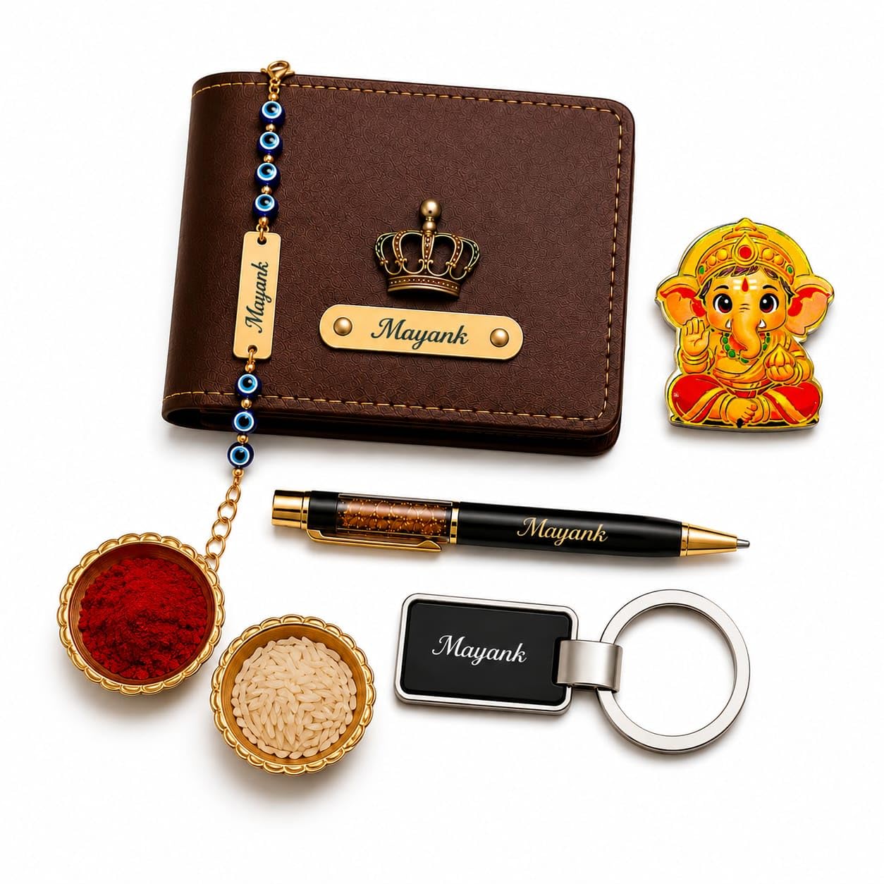 Personalized Rakhi Gift Set for Brother | Customized Name Wallet, Pen, Keychain & Evil Eye Rakhi with Luxury Gift Box | Raksha Bandhan Gift Hamper for Brother-image-7