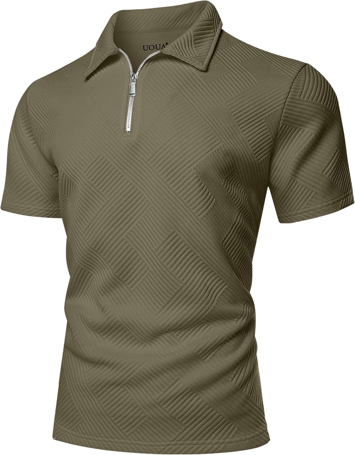 UOUA Men's Zipper Polo Shirts Short Sleeve Sweatshirts Soild Color Tops Striped Texture Casual Golf T