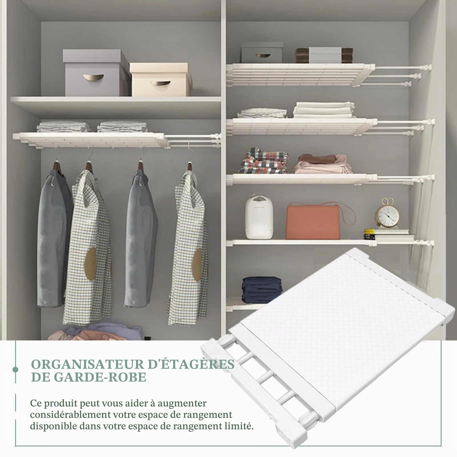 Mumusuki Étagère de Rangement Extensible pour Placard à Vêtements, Diviseurs de Garde-robe Réglables, Séparateur de Tension pour Armoire, Armoire, Salle de Bain, Cuisine, Bibliothèque