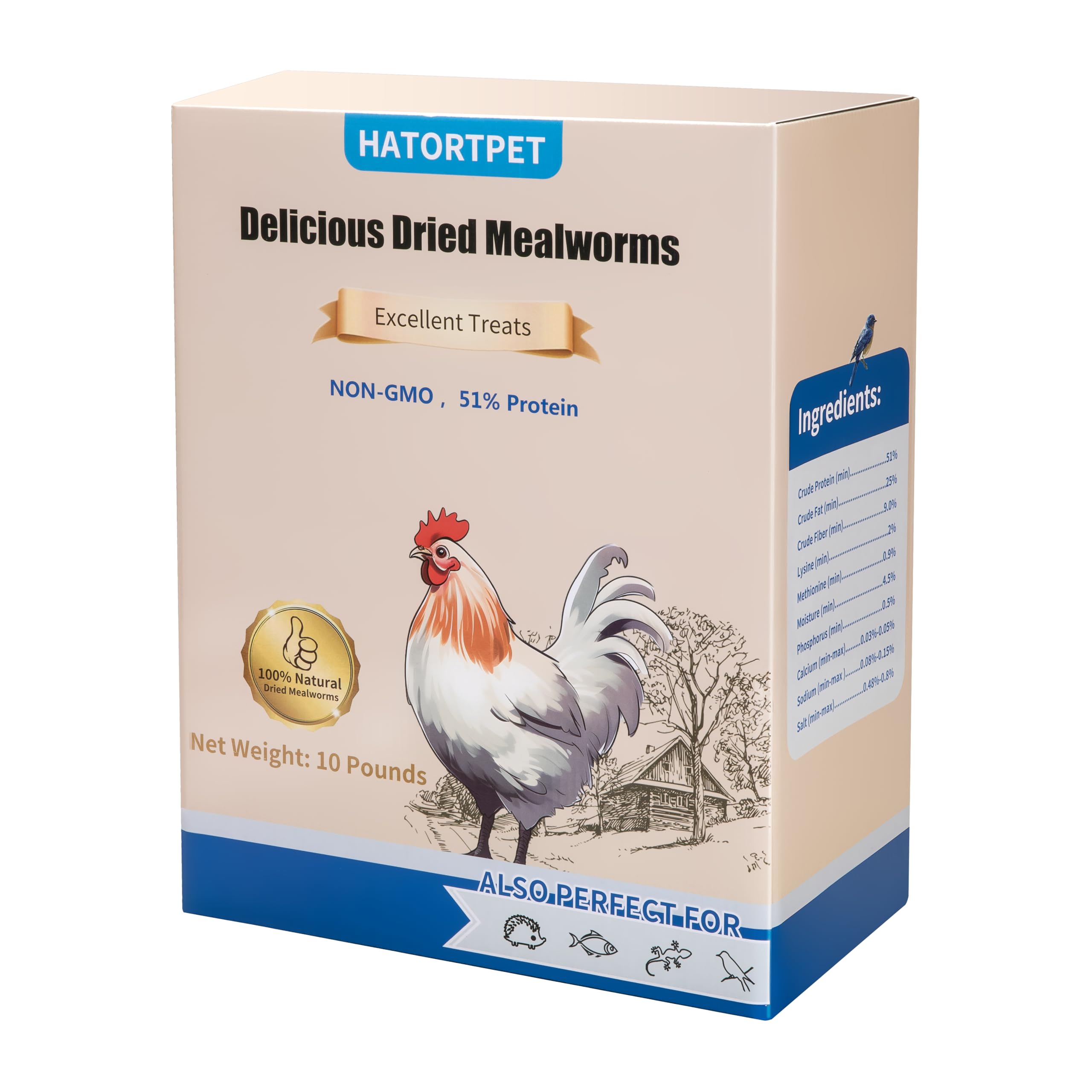 hatortpet Dried Mealworms 10LB Pure Natural Non-GMO Mealworms for Chickens High Protein Chickens Feed Meal Worms for Laying Hens Wild Birds