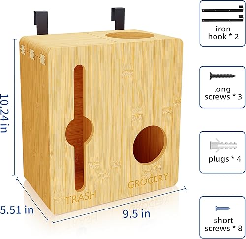 Miniatura 6 de Giklux Soporte de rollo dispensador de bolsas de basura gruesa, soporte para bolsas de bambú, organizador de montaje en pared, para bolsas de basura