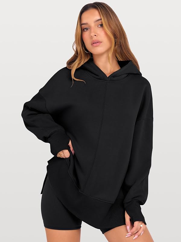 ANRABESS Womens Hoodies Side Slit Long Sleeve Fleece Hooded Pullover Sweatshirts Black Medium by ANRABESS - Used condition - US$24.74