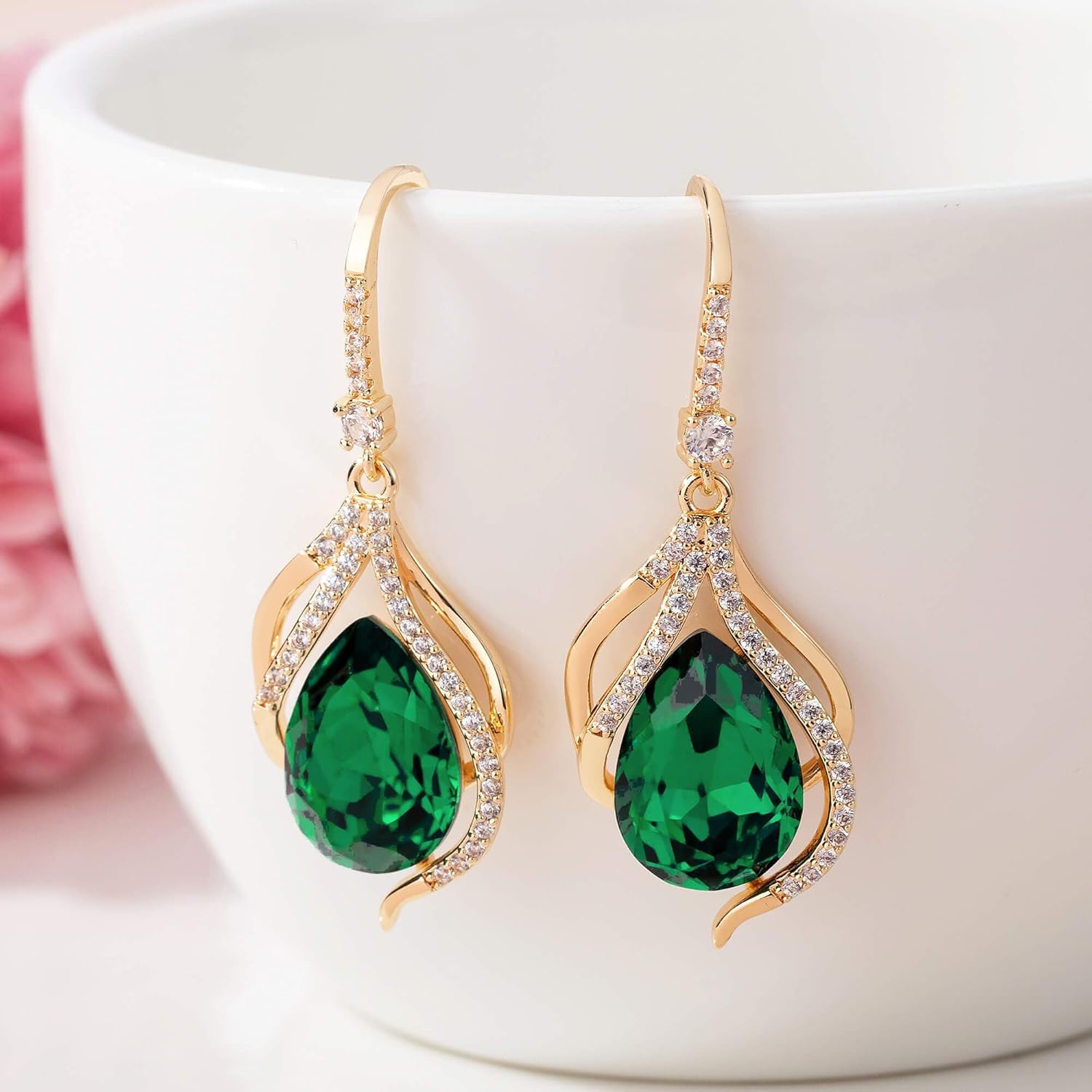 Austrian Crystal Hollow Teardrop Halo Drop Twisted Dangle Earrings for Women 14K Rose Gold Plated Hypoallergenic Jewelry - Image 3