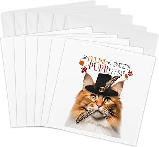 3dRose, Red Tabby Norwegian Forest Cat with Turkey Feather Feline Humor, 6 Greeting Cards with envelopes