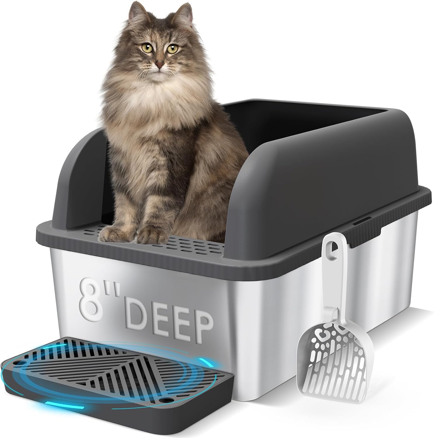 Extra Large Stainless Steel Litter Box with Lid, High Sides Enclosed Cat Litter Box for Big Cats & High Peeing, Anti-Leak & Odor Control Metal Litter Pan, Easy Clean Non-Stick Kitty Litter Box