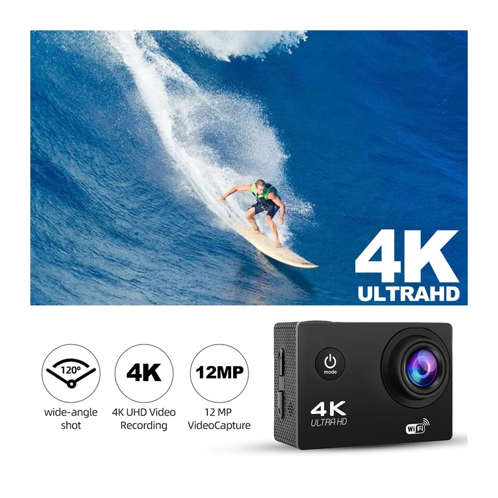4K Action Camera WiFi 2.0 "Schermo 1080P/30FPS Macchina fotografica impermeabile Casco Videocamera for registrazione video Telecamere sportive Mini Cam esterna