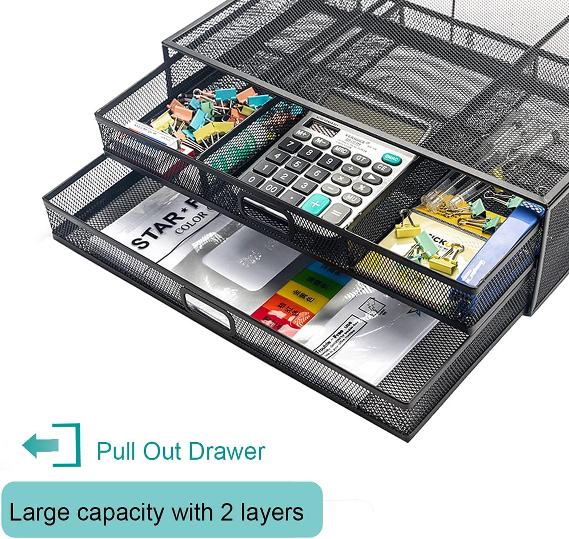 Computer Monitor Stand Riser with Drawer, Metal Mesh Desk Organizer and Storage with Dual Pull Out Drawer, Office Supplies Organizers and Accessories for PC, Laptop, Printer, Notebook, iMac (Black) : Electronics