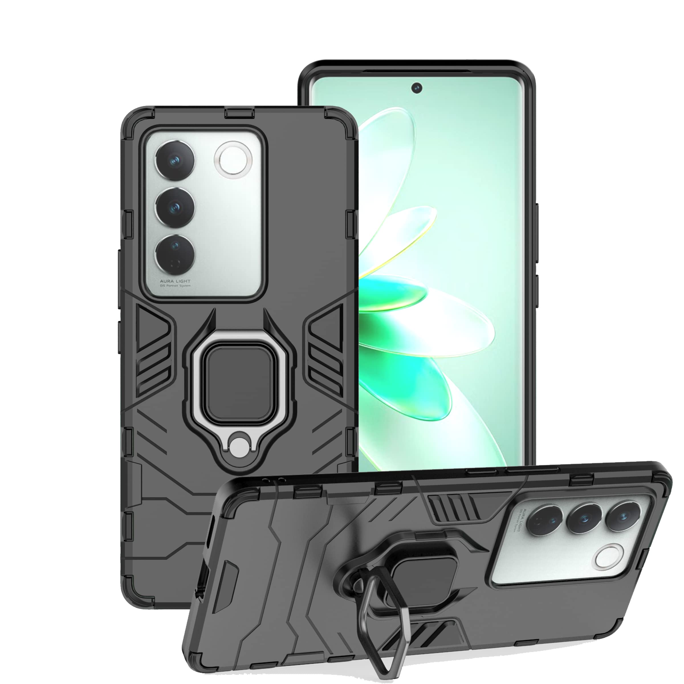 ZMONE for VIVO V27 5G Case Cover Heavy Duty Dual Layer Military Grade Shockproof Protective Cover with Magnetic Ring Kickstand - Black