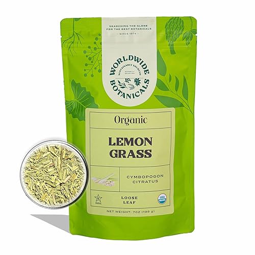 Worldwide Botanicals Hojas orgánicas de hierba de limón  7oz  Hoja suelta  Cortadas y tamizadas  100% puro Cymbopogon citratus  Zacate de limon