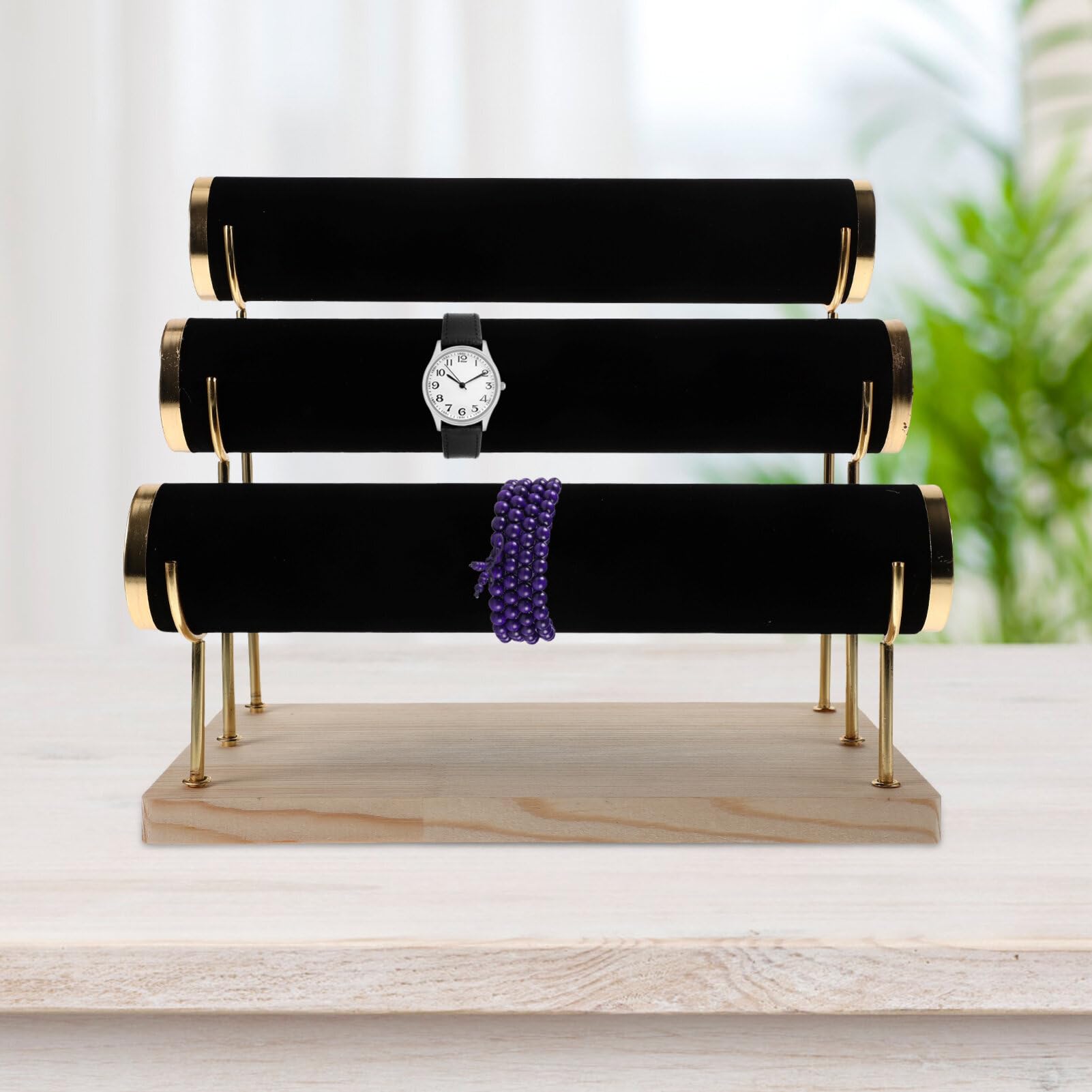 PRETYZOOM Armbandständer Samt Armbandständer Uhrenständer Armband Organizer Holz Schmuckständer 3 Etagen Schmuckhalter für Armbänder Uhren Halsketten Handschmuck Display Schwarz