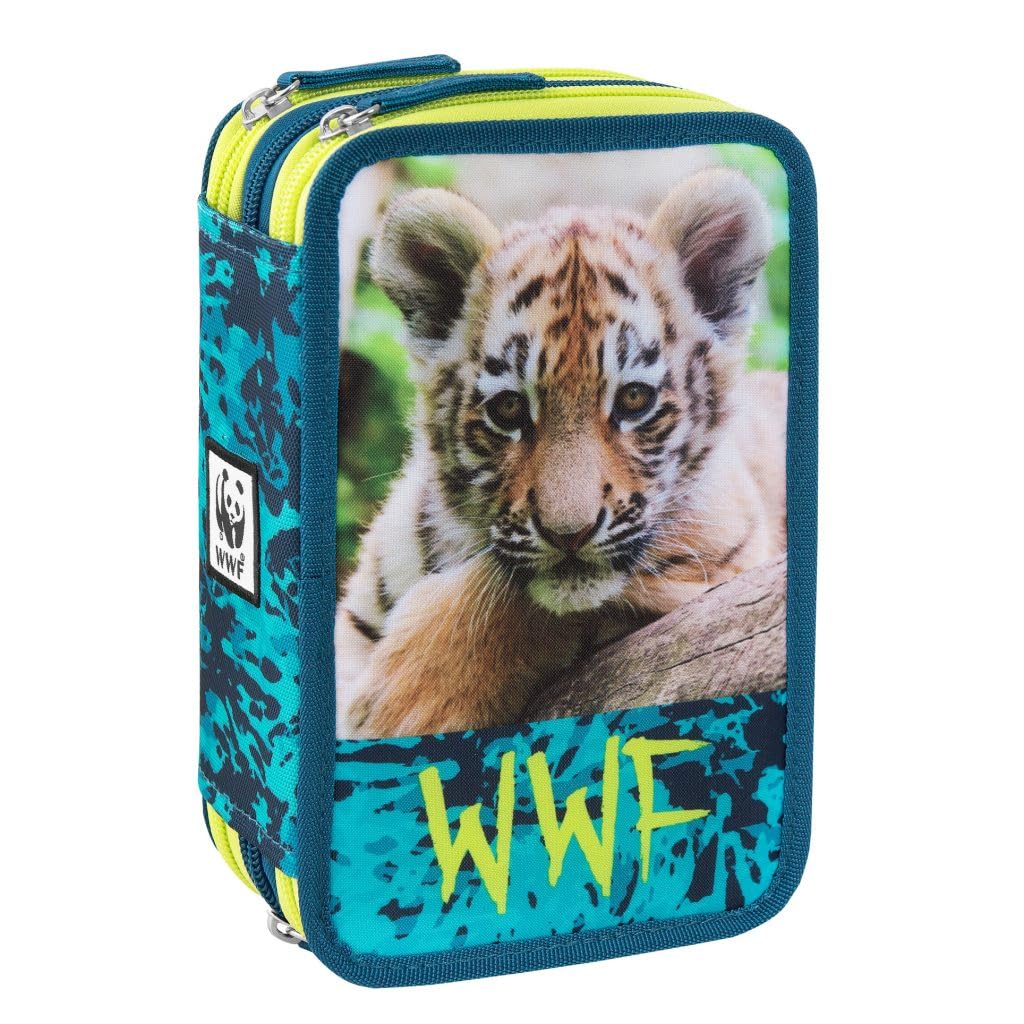 Astuccio fotografico WWF tigre Scuola Elementare Triplo, Astuccio Portapenne e Portamatite Pieno con 18 Matite Colorate, 18 Pennarelli + omaggio portachiavi fischietto e penna colorata