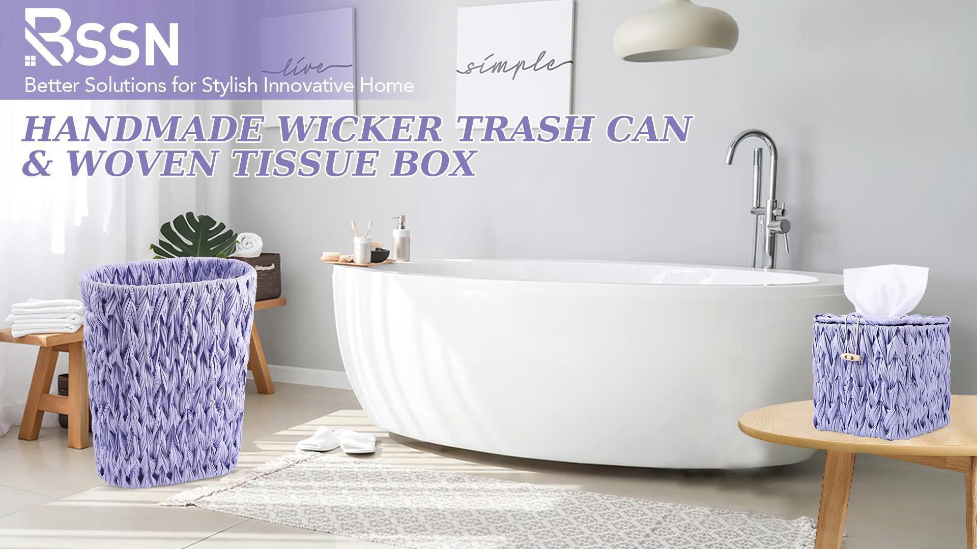 Image of Wicker Trash Can and Square Tissue Box Cover, 4 Gallon Water Hyacinth Bathroom Trash Can, Handwoven Napkin Holder,Narrow Small Waste Basket,Rustic Decorative Home Set for Bedroom,Office (Light Purple)