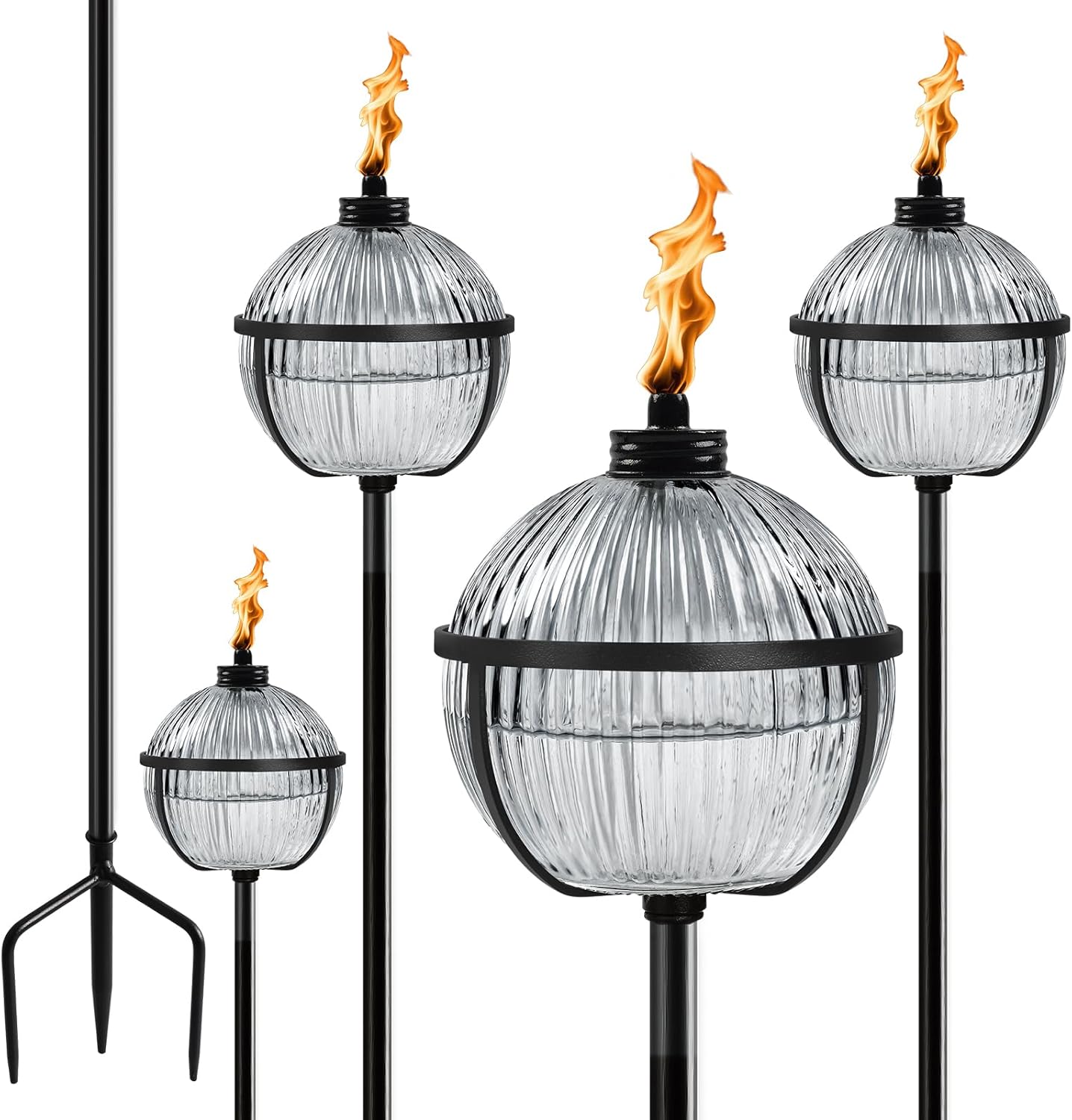 Citronella Torches Set of 4, Large Capacity 16 oz Outdoor Glass Torch Garden Décor，58.6 - Inch Upgraded Citronella Torches with 3-Prong Grounded Stake for Yard, Patio, Gatherin