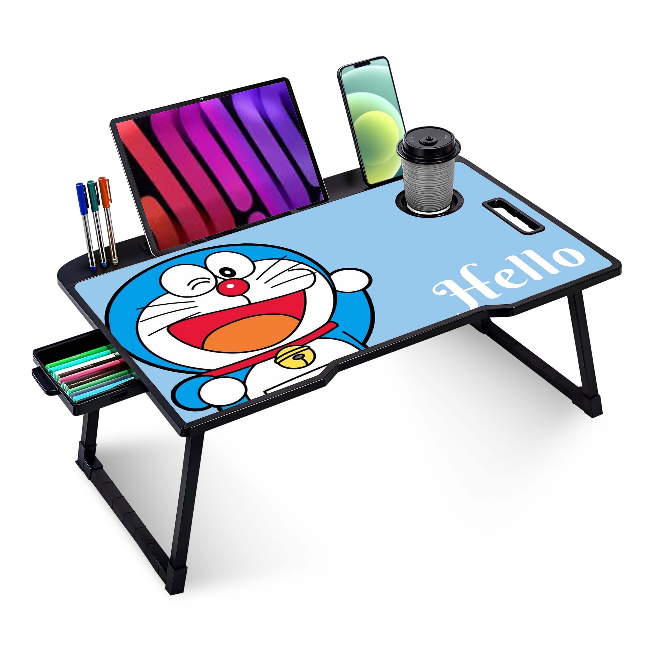 TEKCOOL Wood Smart Multipurpose Foldable Laptop Table with Cup Holder,Study Table,Bed Table,Breakfast Table,Foldable and Portable/Ergonomic & Rounded Edges/Non-Slip Legs (doremon), 60 cm