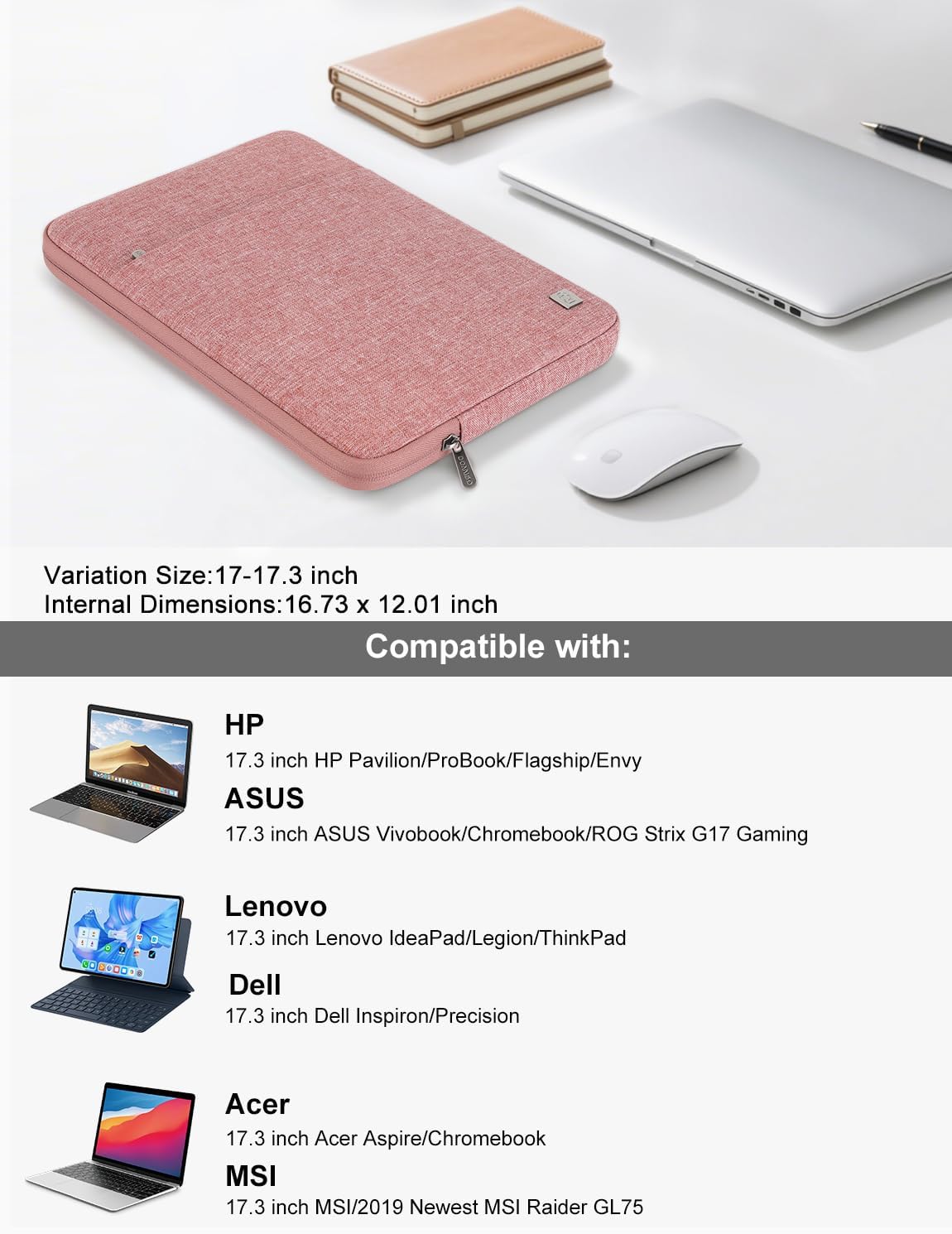 DOMISO 17 inch Laptop Sleeve Case Notebook Bag Protective Carrying Handbag for 17.3" Notebook/Dell Inspiron/MSI GS73VR Stealth Pro/IdeaPad 300 320 321/HP Envy/LG Gram 17"/ASUS ROG Strix GL702VS,Pink - Image 2