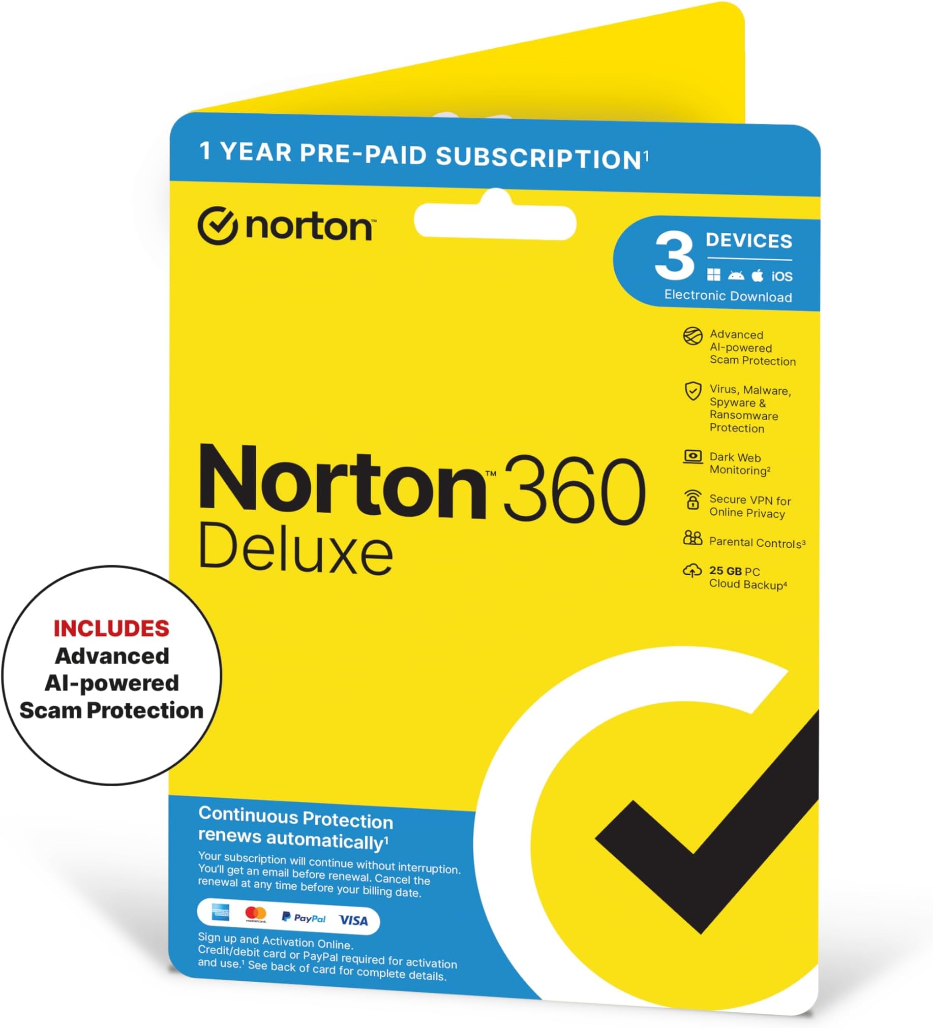Norton 360 Deluxe 2026, Antivirus software for 3 Devices and 1-year subscription with automatic renewal, Includes Secure VPN and Password Manager, PC/Mac/iOS/Android, Activation Code by Post