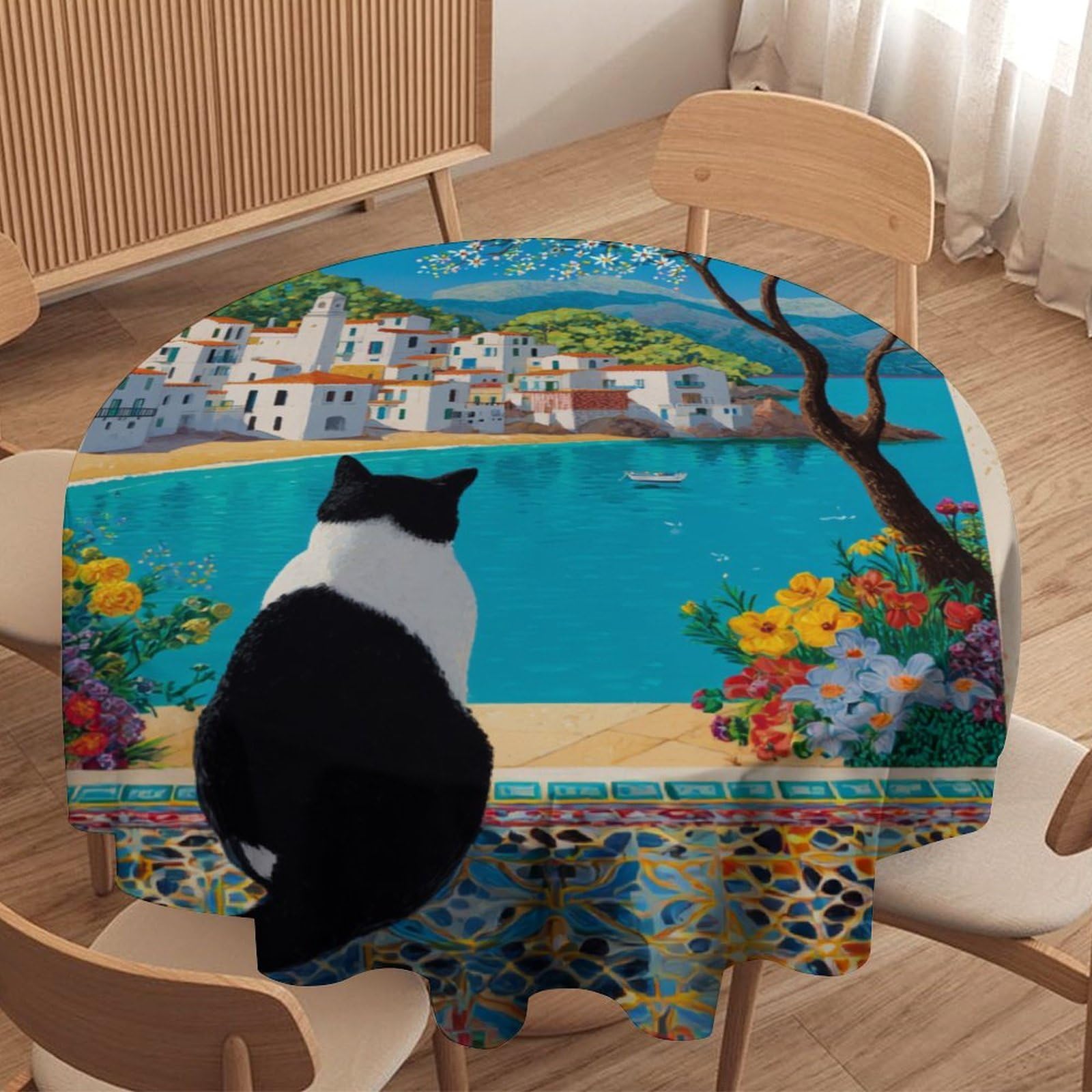 LUYYSKY Beautiful Retro Cute Kitten Round Tablecloth Romantic Colorful Nautical Seaside White Floral Animal Cat Washable Decor for Table Cover for Kitchen-177.8" Wx177.8 L cm