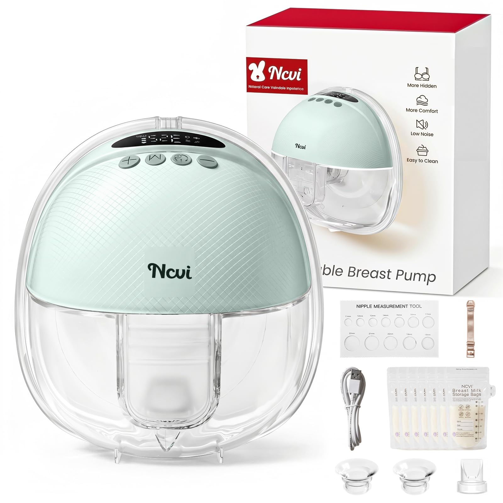 NCVI Extractor de leche manos libres, extractores de leche portátiles portátiles, 4 modos, 9 niveles para el trabajo, viajes y uso nocturno con pantalla LED, verde, 1 unidad