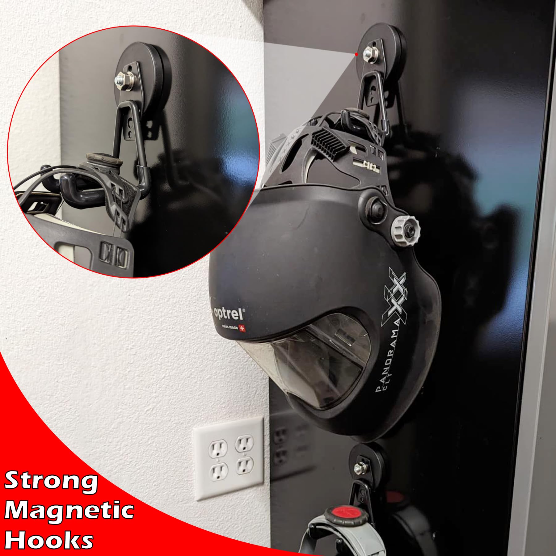 MUTUACTOR Robuste Haken, magnetisch beschichtet, Garagenhaken mit seltenen Erden, zum Aufhängen von Kreuzfahrten im Klassenzimmer, Küchenfächer, Metalltüren (D66 mm, 4 Haken, schwarz)