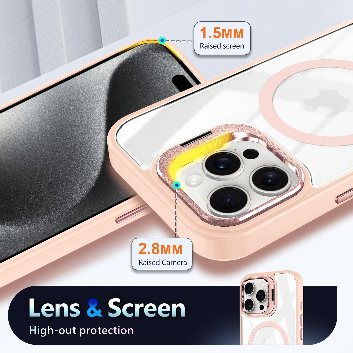YZB Designed For IPhone 16 Pro Max Case, Magnetic Compatible With MagSafe, Built-in Stand & Camera Lens Cover, Military-Grade Drop & Scratch Protection, Anti-Yellowing Crystal Clear Back Cover, Pink - View #7