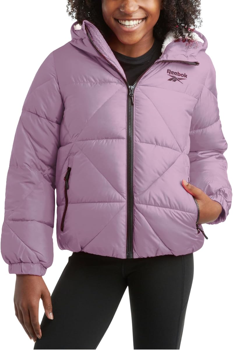 Reebok Girls Heavyweight Quilted Cropped Puffer Parka with Sherpa Lining | Plush Faux-Fur Trim, Wind-Blocking Hood, Deep Pockets for Warm Hands, Modern Silhouette for School and Cold Days