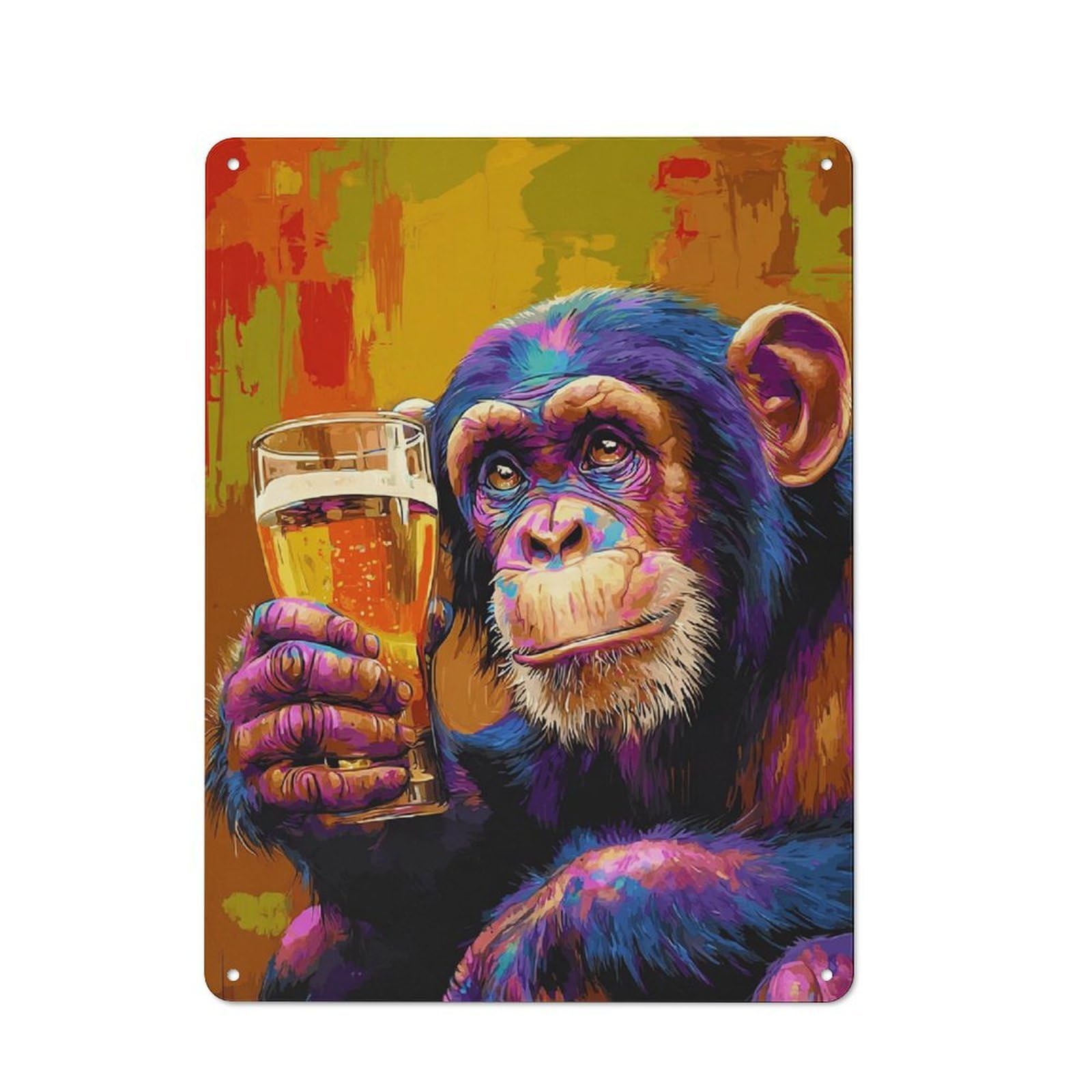 Junmoney Colorful Chimpanzee With Beer Glass Vintage Tin Sign 40X30cm For Home Bar Wall, For Collectors Of Vintage Metal Wall Decor