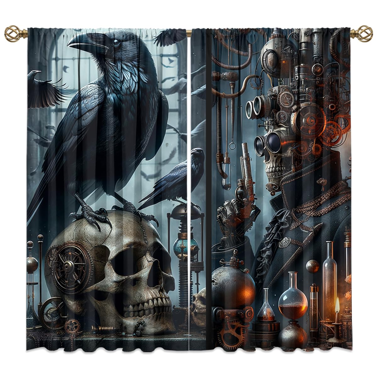 Fantasy Gothic Skeleton Skull Blackout Curtains for Living Room,Retro Mid Century Steampunk Bookshelf Halloween Crow Rod Pocket Thermal Insulated Room