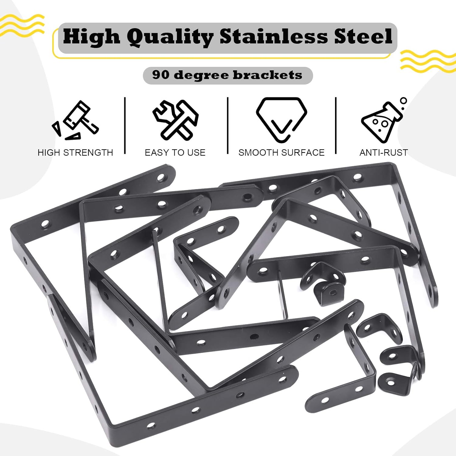 Hilitchi Stainless Steel Black L Bracket Corner Brace and Straight Bracket with Screws Corner Fastener for Shelves Steel Joints Support (Assortment Kit, 20 Pack)