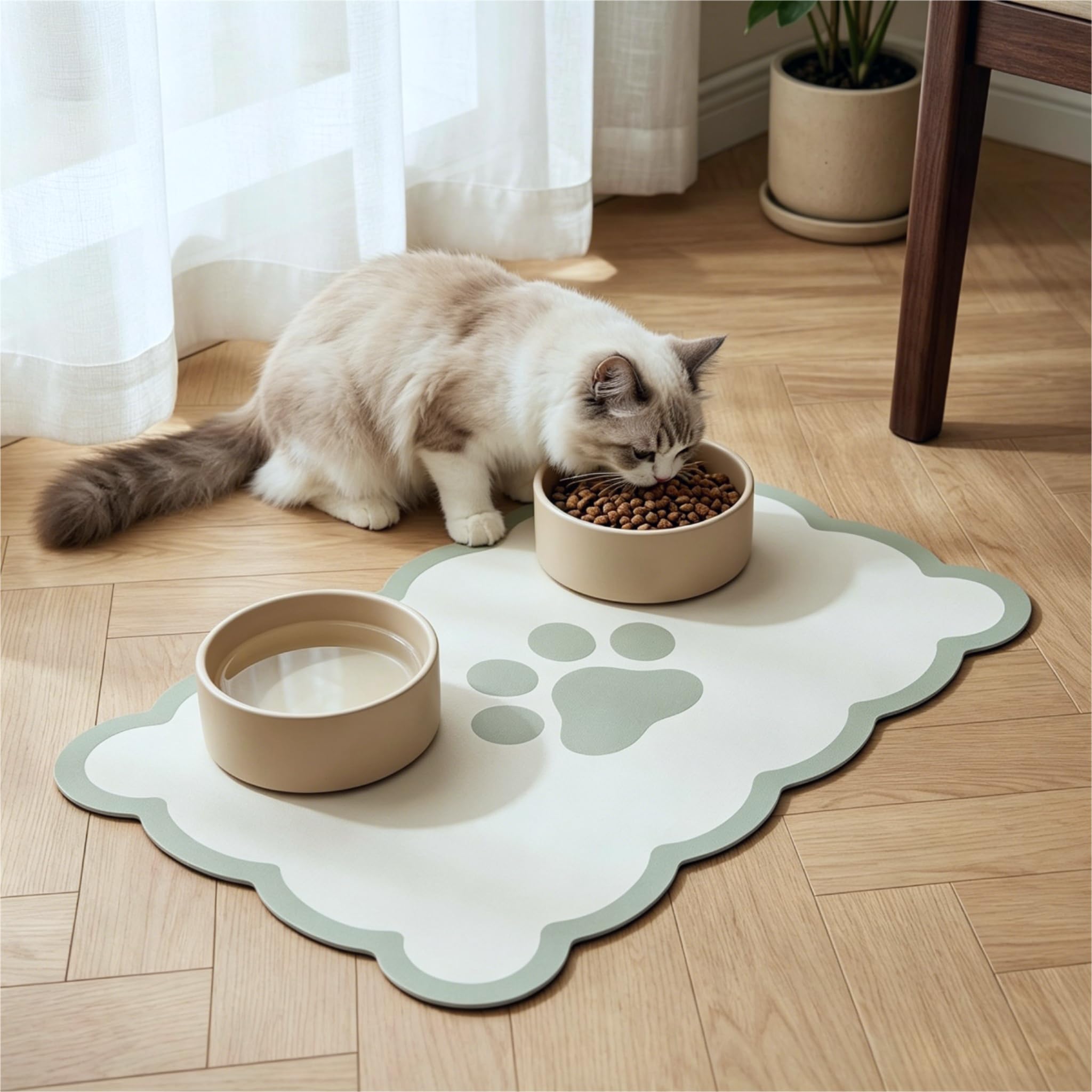 Larfraecy Cat Food Mat Dog Bowl Mat Pet Feeding Mat Absorbent Quick-Dry Diatomite for Messy Drinkers, Non-Slip Easy Clean 30 x 50 cm Sage Green for Cat & Dog