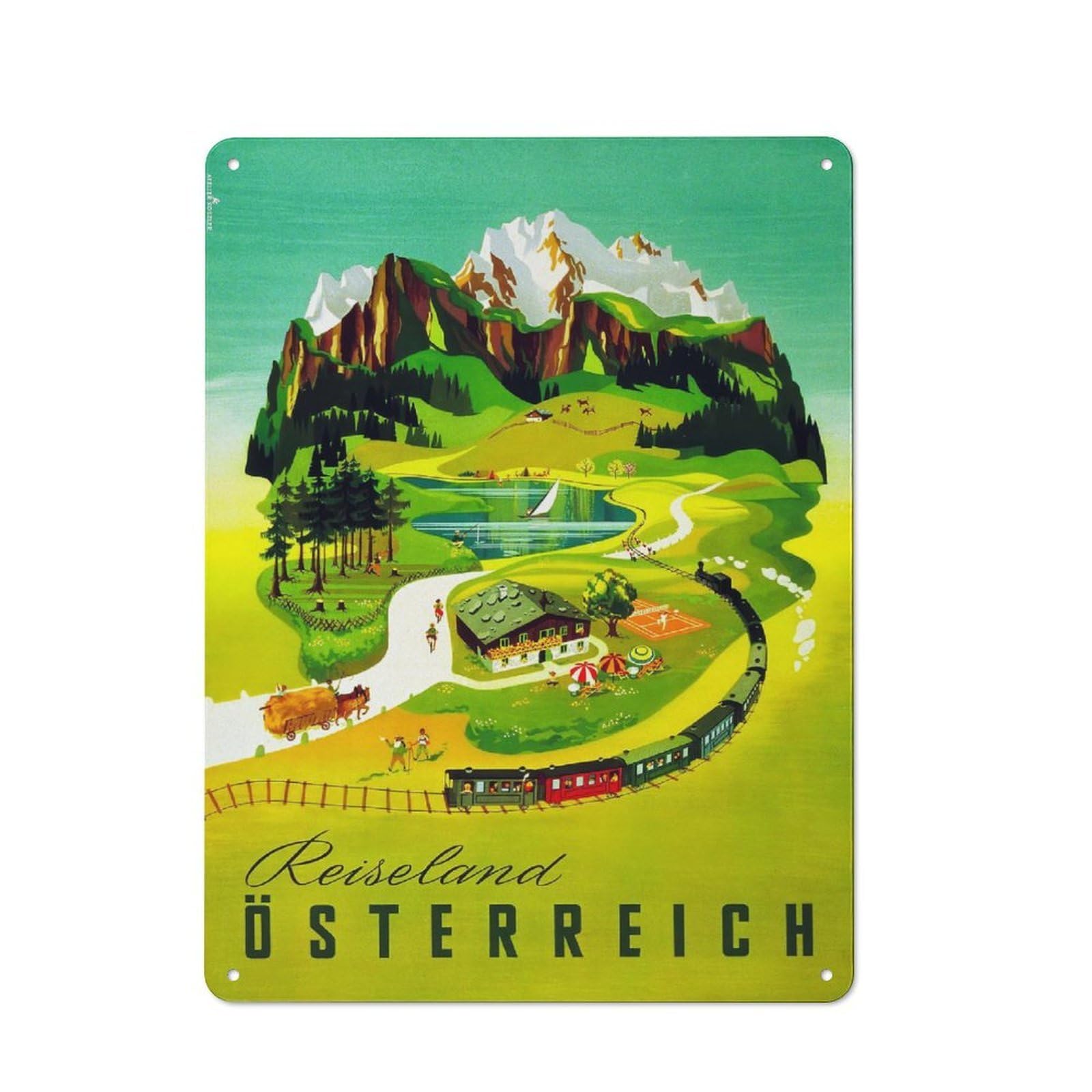 Austria Travel Warehouse Style Metal Wall Decor 40x30cm, Metal Wall Sign for Workspace, Cafe, Hallway Or Garage