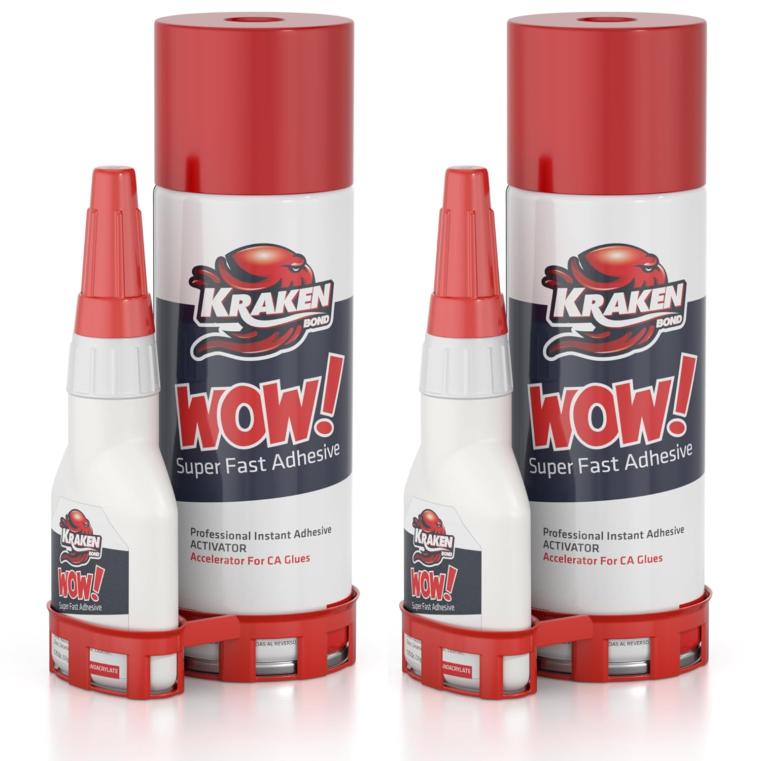 Kraken Bond Wow! CA Glue Set (4x1.75 oz) + Activator Spray (2x6.75 oz) –Super Fast Cyanoacrylate Adhesive Kit for Wood, Plastic, Ceramic, Craft -DIY Repair – 4X Ext. Bottles & 10X Nozzles Inc. 2 Pack
