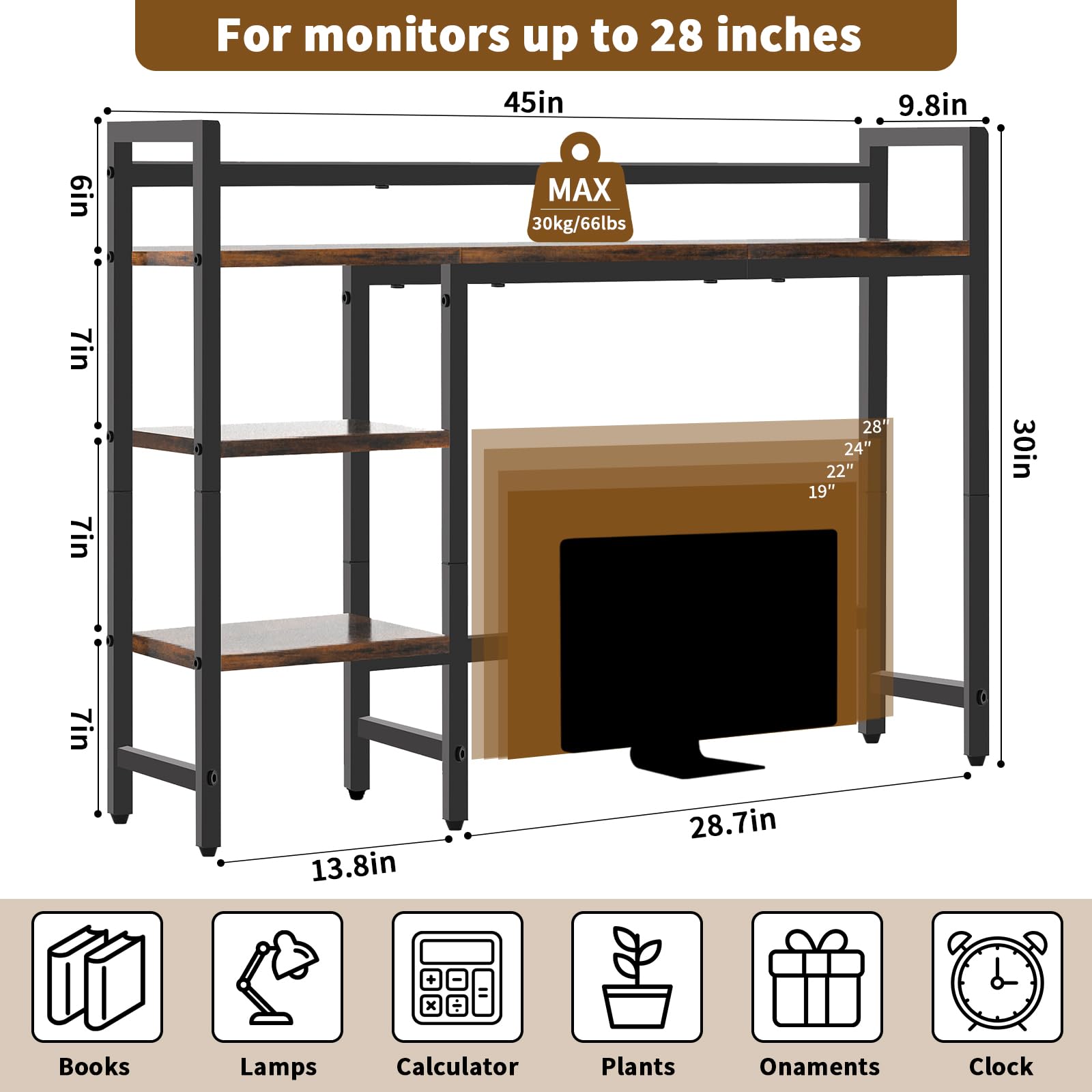 Mensola da scrivania, 114 cm, organizer da scrivania per monitor del computer, 4 ripiani, per casa, ufficio, dormitorio, marrone rustico