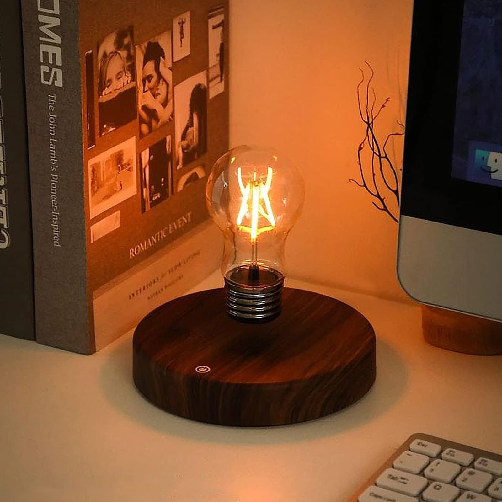 ele ELEOPTION Schwebende LED-Tischleuchte mit Touch-Taste Magnetische in Edler Holz-Optik Drahtlose LED-Glühbirne Dekoleuchte Dekoratives Licht für Liebhaberfreunde Raumdekoration,Nachtlicht