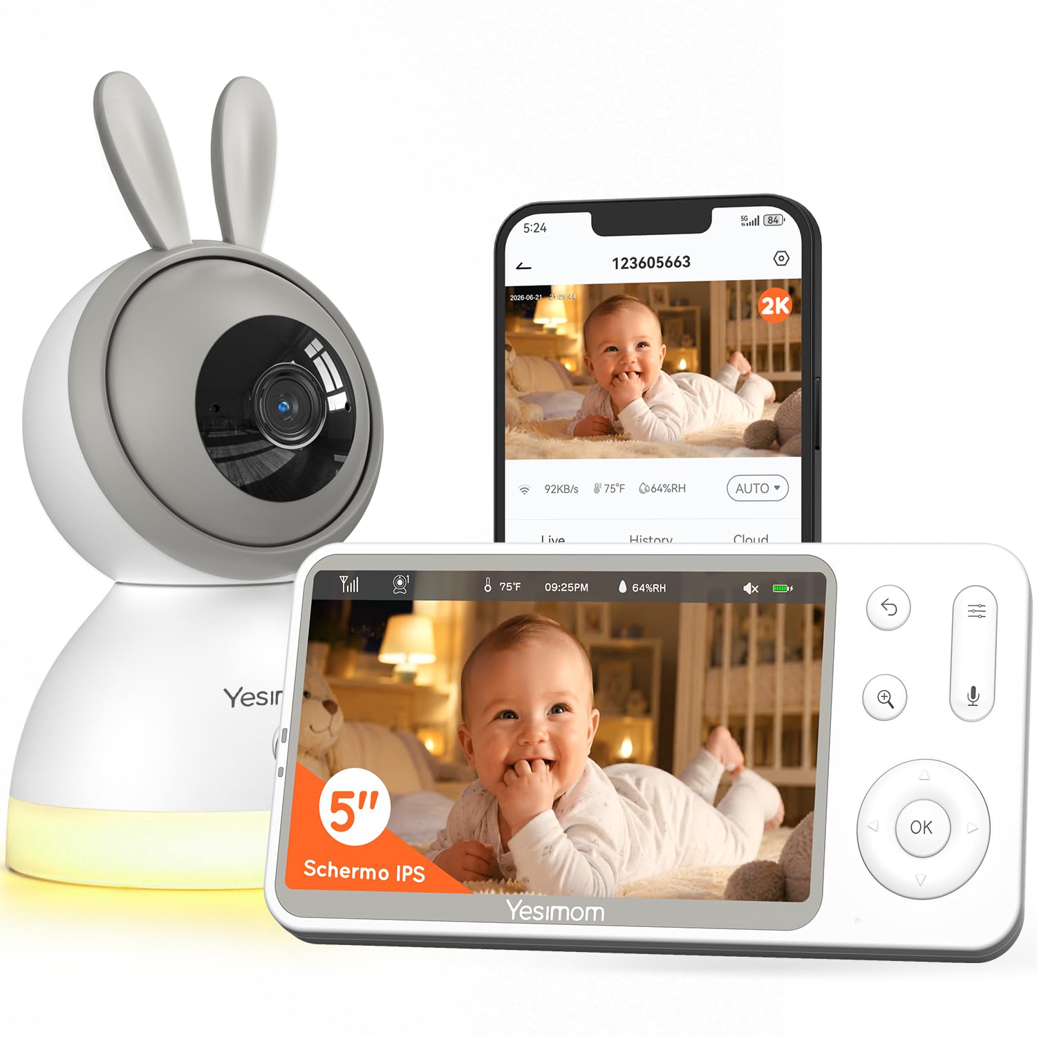 YESIMOM Baby Monitor, Versione Aggiornata 2K Telecamera Bambini con Monitor 5'' IPS Schermo, Controllo Tramite APP Mobile & Monitor, 360°PTZ, 3000mAh Batteria Ricaricabile, AI Intelligente | Versione Aggiornata, Controllo Tramite APP Mobile & Monitor, 360°PTZ, 3000mAh Batteria Ricaricabile, AI Intelligente