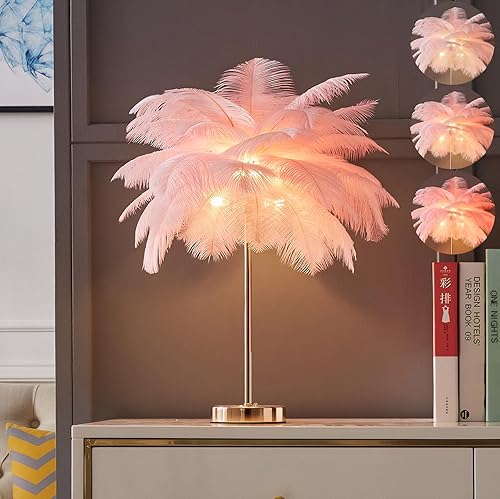 Miniatura 1 de Lámpara de plumas de avestruz blanca moderna lámpara de noche, lámpara de mesa de dormitorio hogar Ofice dormitorio lámpara rosa base dorada