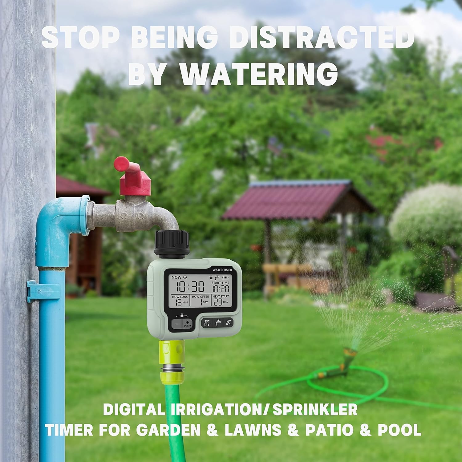 Kazeila Water Timer Programador Riego WiFi,Temporizador Riego Automatico con App, Retraso por Lluvia, WLAN 2.4GHz, Control de Voz Alexa para Jardín Rociadores