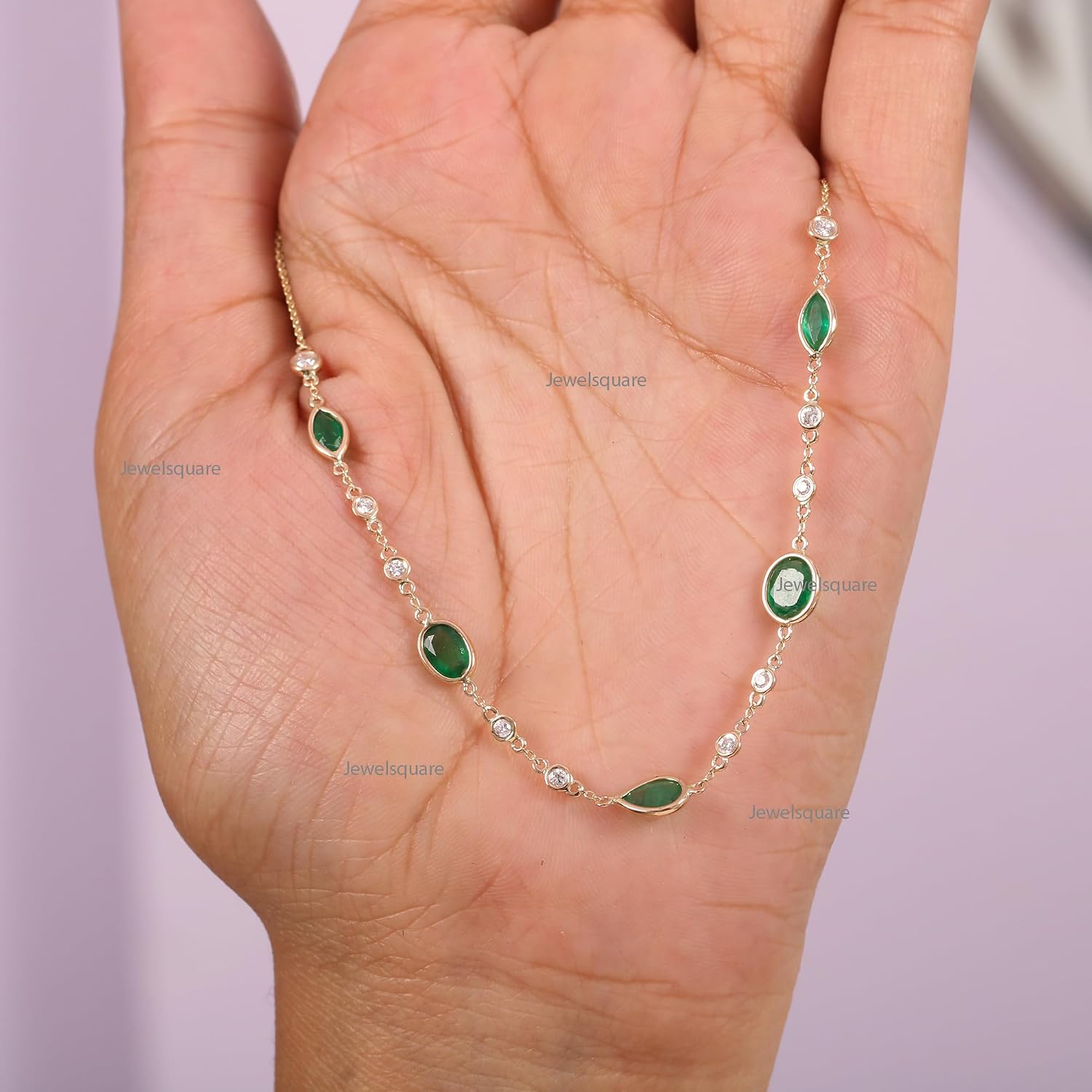 Natural Multi Shape Emerald & Diamond Chain Necklace, Diamond Jewelry, 9k, 14k & 18k Yellow Gold Fine Neckace