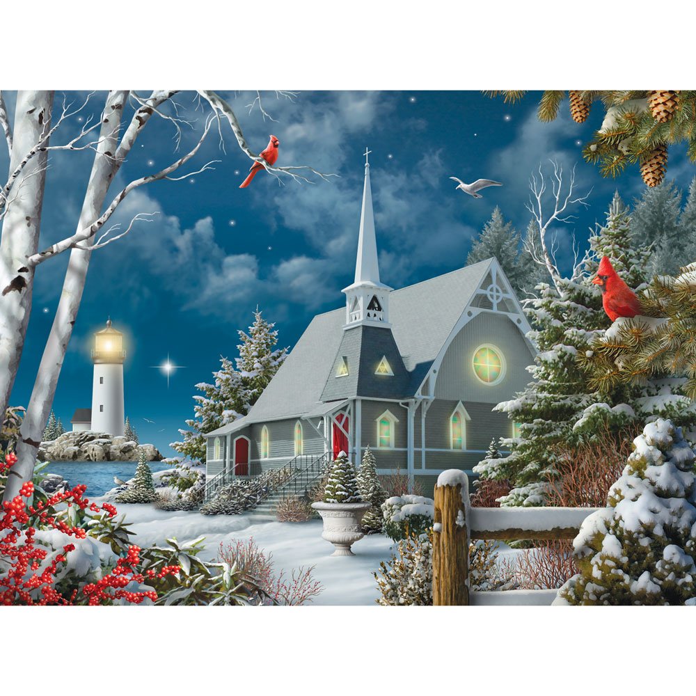 Bits and Pieces - 500 Piece Jigsaw Puzzle for Adults - Guiding Lights - Winter Church at Night Jigsaw Puzzle by Artist Alan Giana, Completed Puzzle Size: 18" x 24"