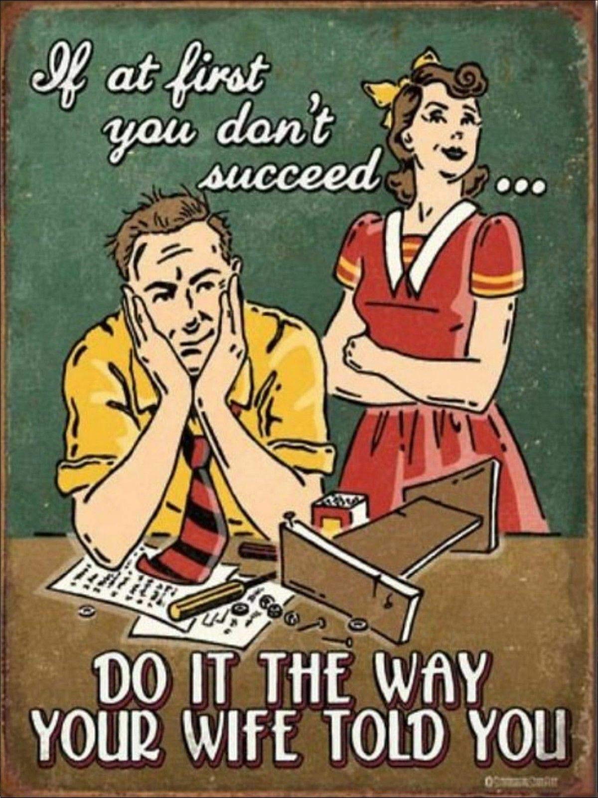 Kueprae A88 Retro Vintage Metal Tin Sign If At First You Don't Succeed Do It Away Your Wife Told You Home Bar Pub Kitchen Wall Decor Signs 12X8inch