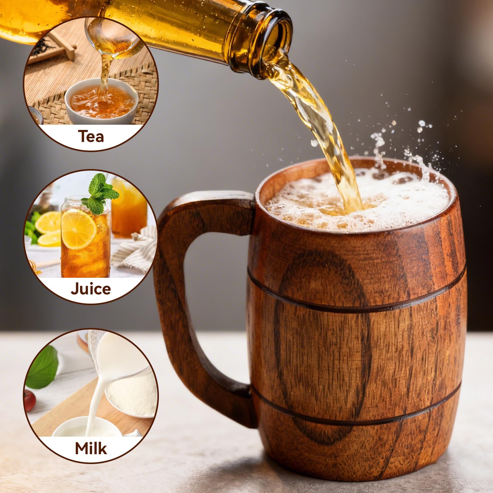 HERCHR Taza de cerveza de madera, taza de café de madera retro del viaje que acampa taza de consumición de las tazas de té con la manija