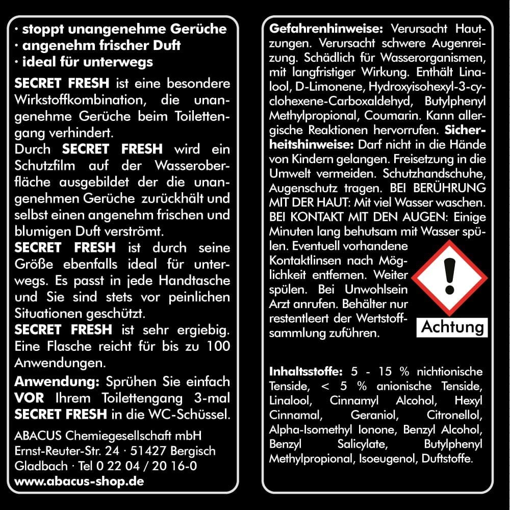 ABACUS® Secret Fresh Toilettenparfüm Rose-Lilafleur, Toiletten Parfüm – verhindert Gerüche & schützt vor peinlichen Situationen – Toiletten Parfum, Secret Fresh Toilettenparfüm 3x 50 ml (7400)