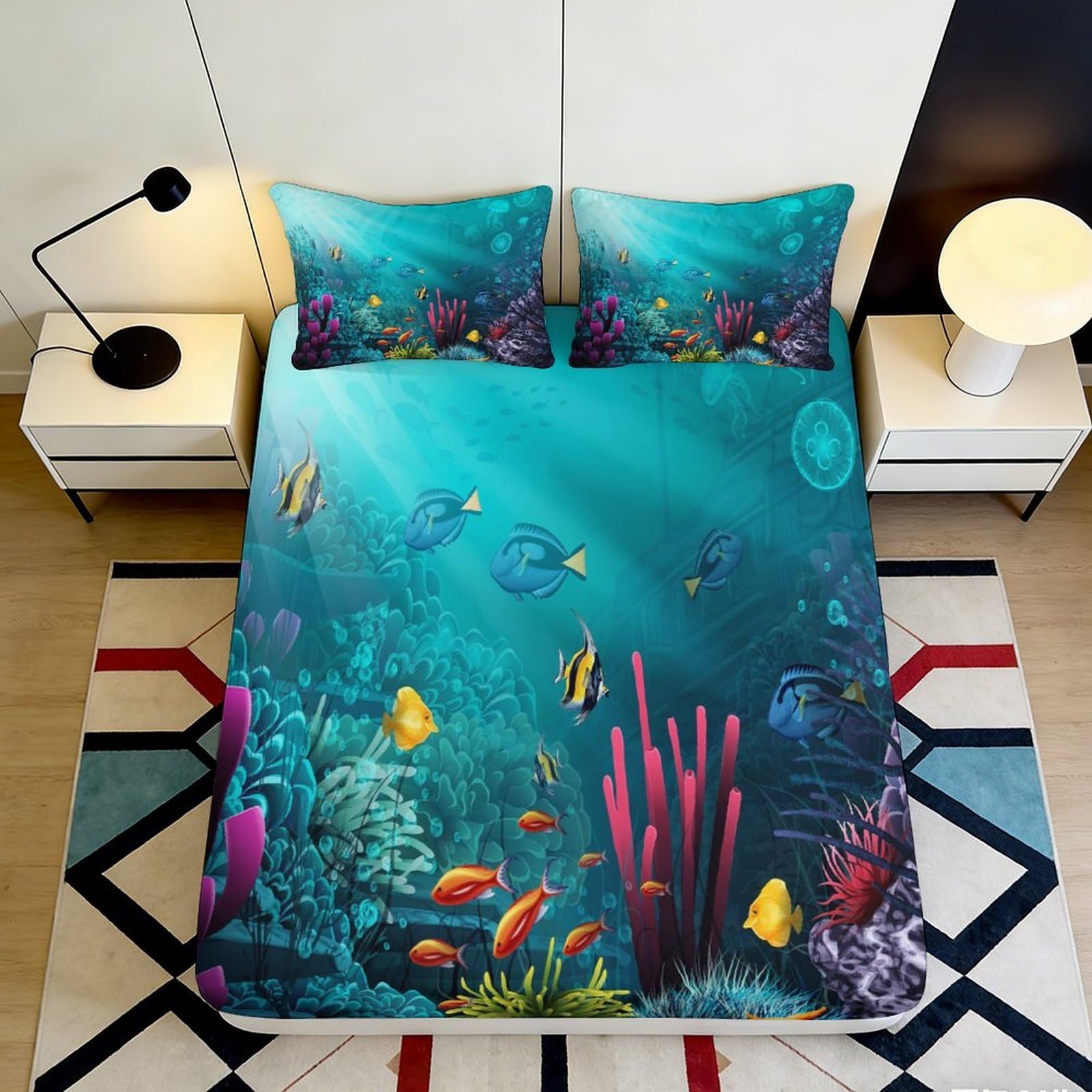 3D Printed Ocean Underwater World Fitted Sheet Microfiber Fish Reef Bed Cover Non Slip Machine Washable Home Decor 90x200x25cm