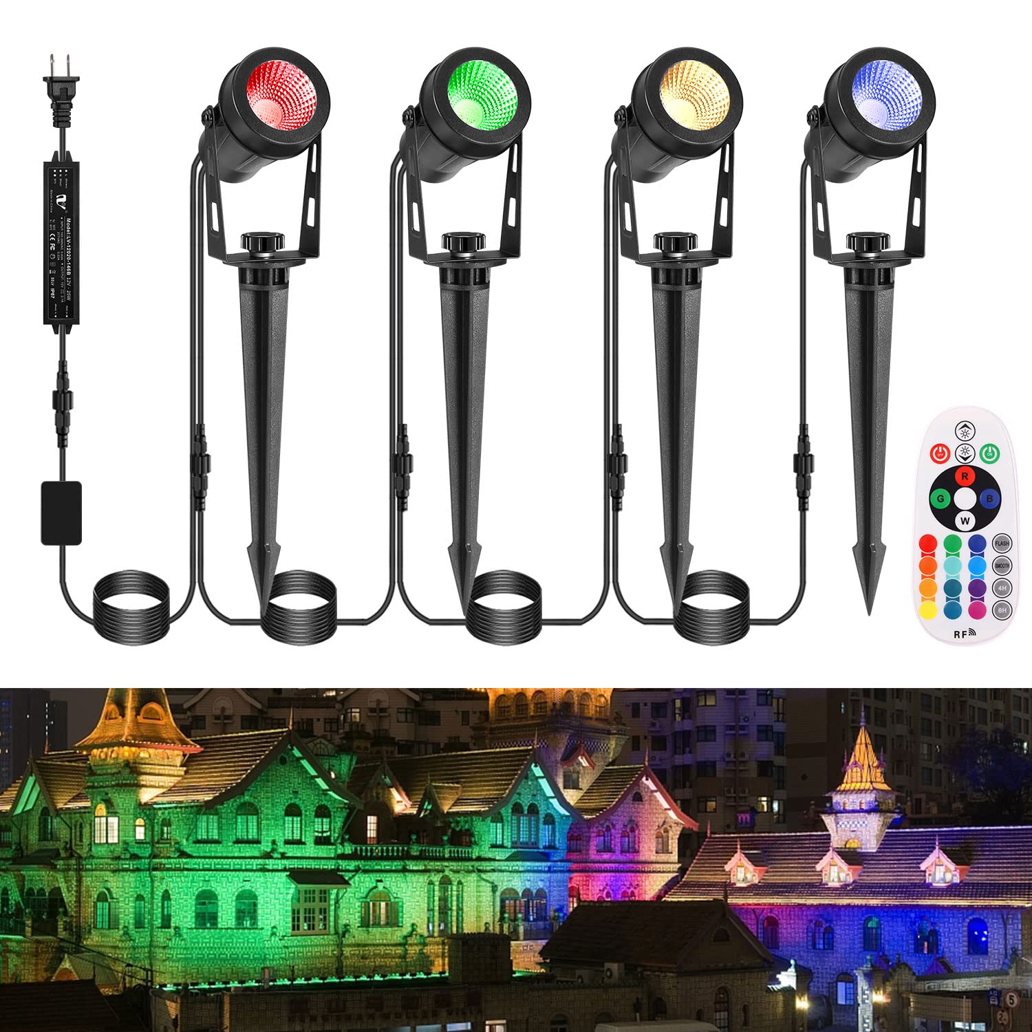 ECOWHO RGB Color Changing Landscape Lights: 12V LED Low Voltage Landscape Lighting Outdoor - Plug in IP65 Waterproof Spotlights Garden Lights with Remote Control for Yard House Tree Pathway Decor