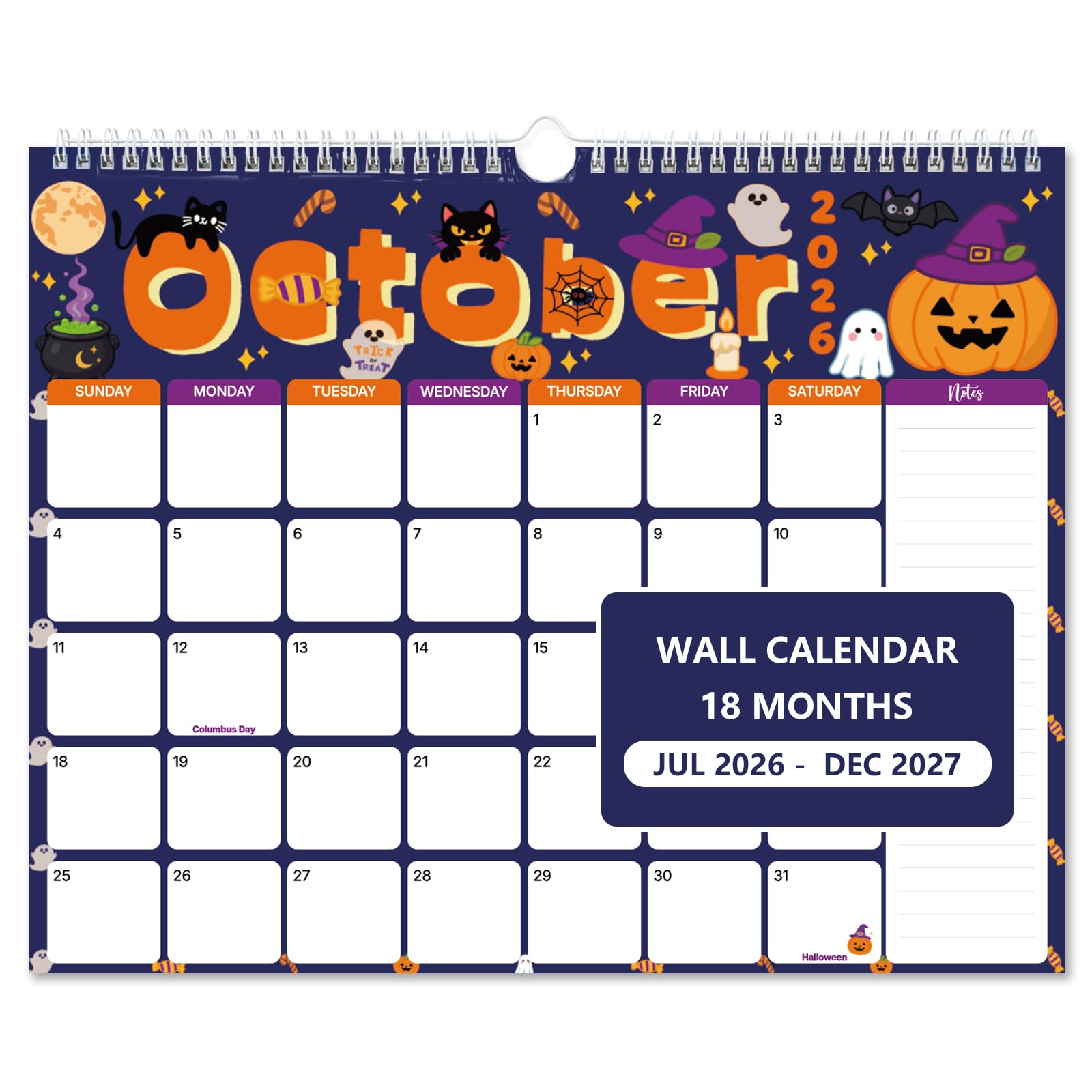 Calendario de pared 2026-2027, calendario de 18 meses de julio de 2026 a diciembre de 2027, planificador mensual grande de pared colgante de 14.5 x 11.5 pulgadas con cubierta de PVC resistente al agua