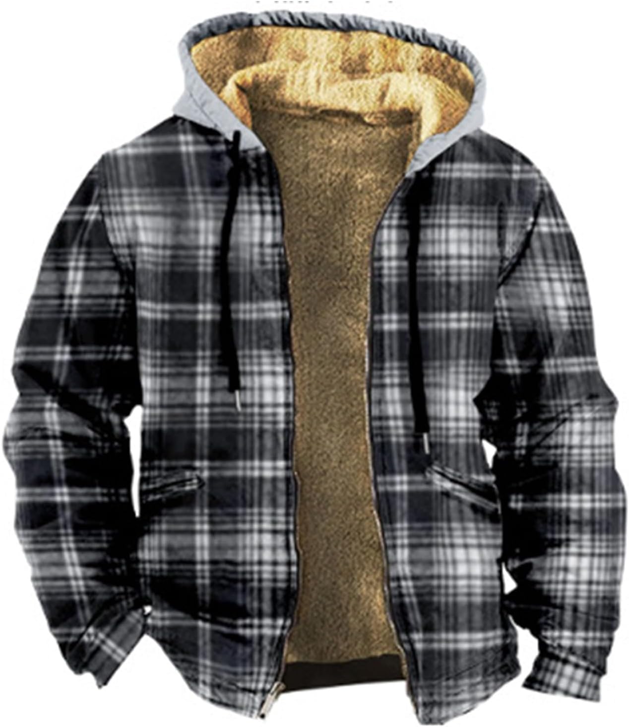 Mens Sherpa Jacket Plaid Print Thick Fleece Hoodie Fall Winter Long Sleeve Zip Up Hooded Jackets Warm Coat